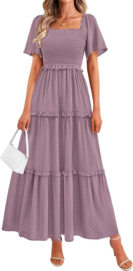 PRETTYGARDEN Summer Dresses for Women 2026 Boho Swiss Dot Smocked Square Neck Short Sleeve Spring... | Amazon (US)