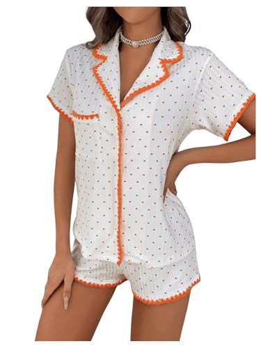 COZYEASE Womens Silky Pajamas Set Heart Print 2 piece Sleepwear Short Sleeve Button Down Shirt with Shorts Orange | Amazon (US)