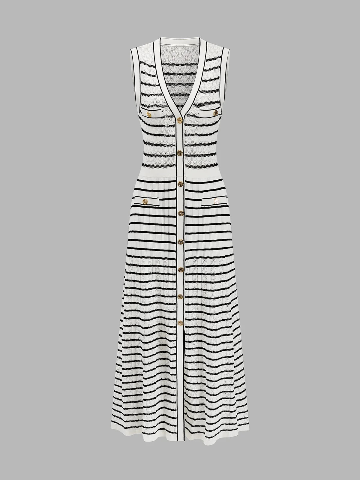 Striped Button-Front Knit Midi Dress | Commense