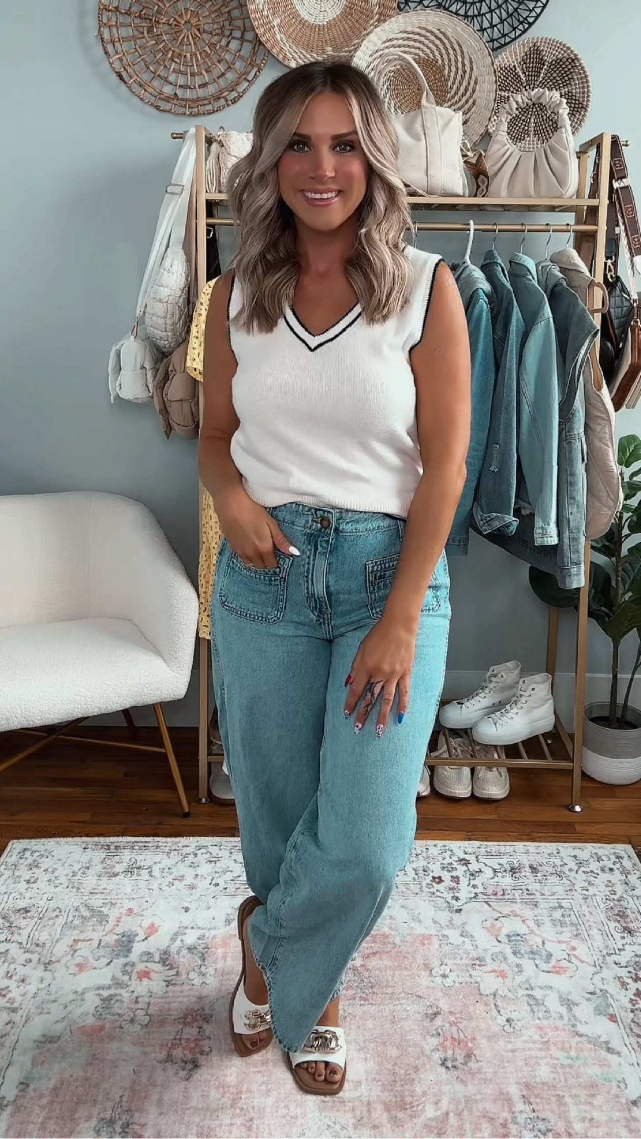 The most amazing vest for fall! This Old Navy sleeveless cream sweater vest is stylish but casual. It’s sold out in this color, but I tagged similar. It also comes in a  few other colors and might get restocked! Paired with my new favorite baggy jeans that are just like my best selling ones from the spring but half the price. Love the front pockets on these! I’m in a medium and size 8 and finished with white and gold side sandals.

#LTKFindsUnder50 #LTKSaleAlert #LTKSeasonal