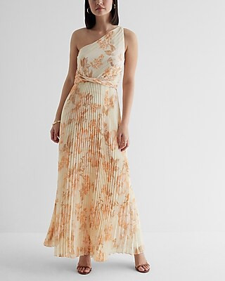 Metallic Floral One Shoulder Twist Front Pleated Maxi Dress | Express