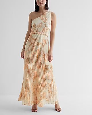 Metallic Floral One Shoulder Twist Front Pleated Maxi Dress | Express