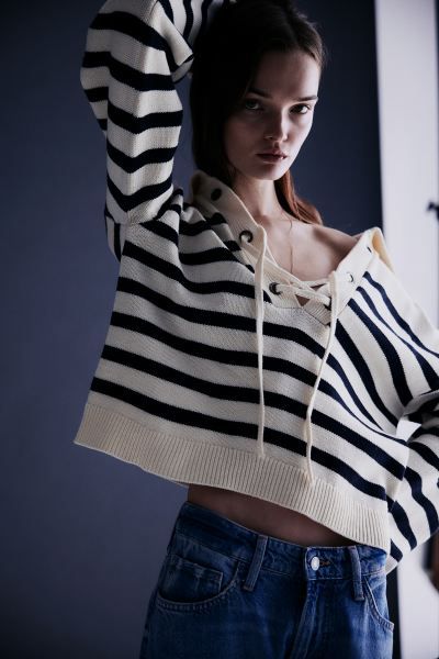 Lace-up Sweater with Collar - Cream/blue striped - Ladies | H&M US | H&M (US + CA)