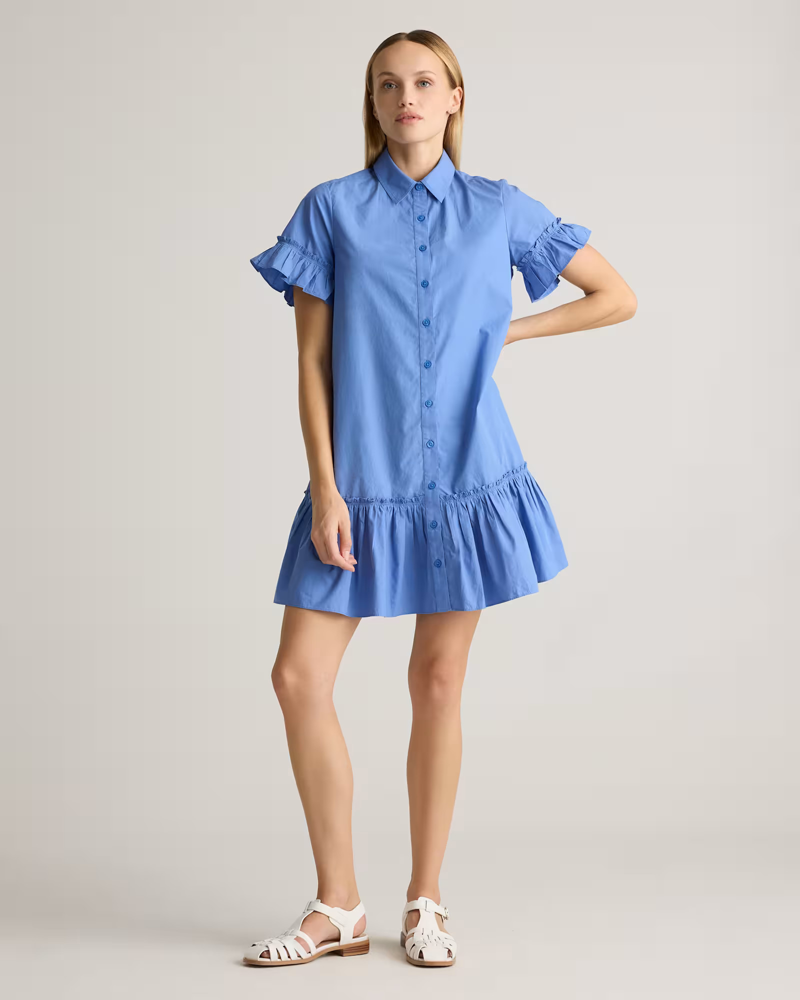 100% Organic Cotton Poplin Short Sleeve Ruffle Shirt Dress | Quince
