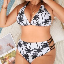 Plus Palm Tree Print Halter Bikini Swimsuit | SHEIN