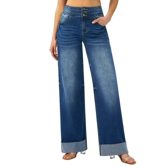 roswear Women's Stretchy Wide Leg Jeans Cuffed Denim Pants, 30" Inseam, Size 4-16 | Walmart (US)