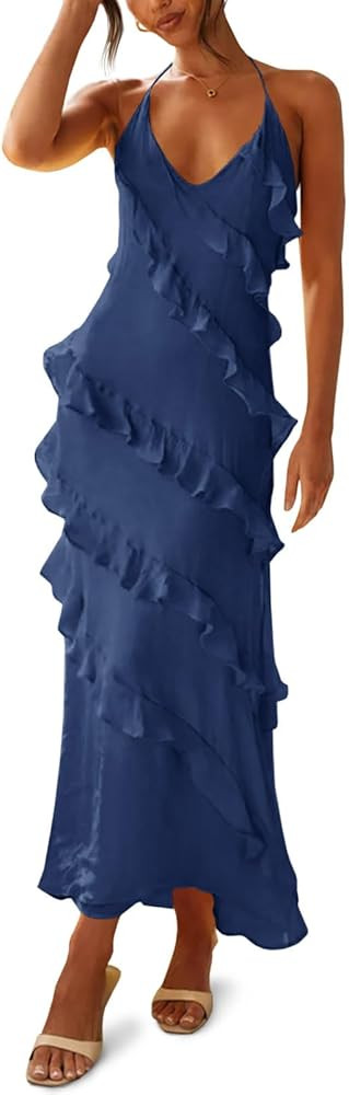 Wenrine Womens Sexy Chiffon Halter Maxi Dress Sleeveless Backless Ruffle Tassel Party Club Dresse... | Amazon (US)