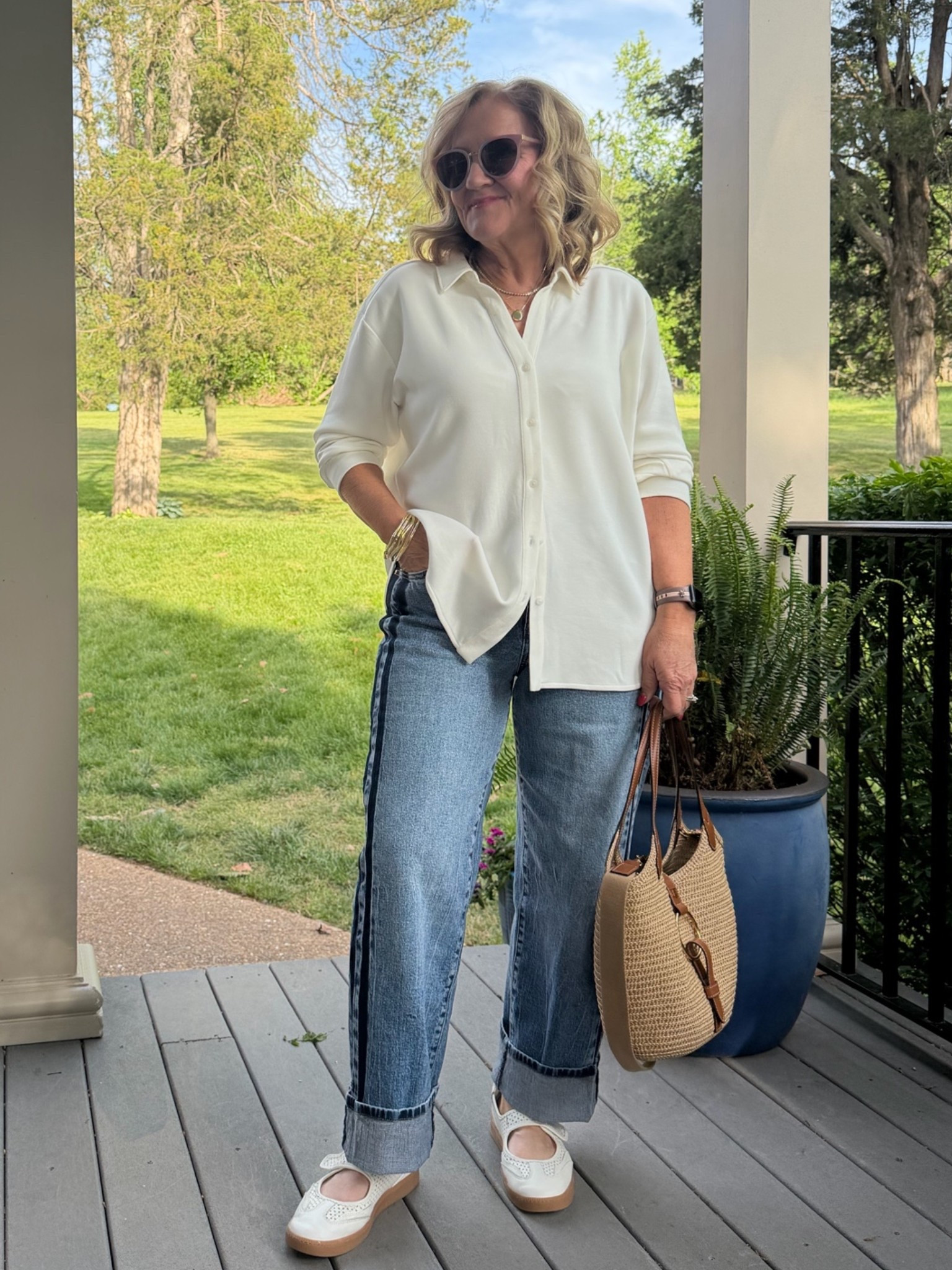 Each day this week I’ll highly a favorite white top and jeans. You can never go wrong with this look! 
Spanx air essential button down size medium 
Jeans I sized down to a small (these are regular denim not the sweatpant jeans and I cuffed them) 
Sneakers are true to size 
Bag 10% off with code NANETTE
Bangles 20% off with code NANETTE20

White top white tshirt jeans track stripe jeans

#LTKOver40 #LTKootd #LTKPetite