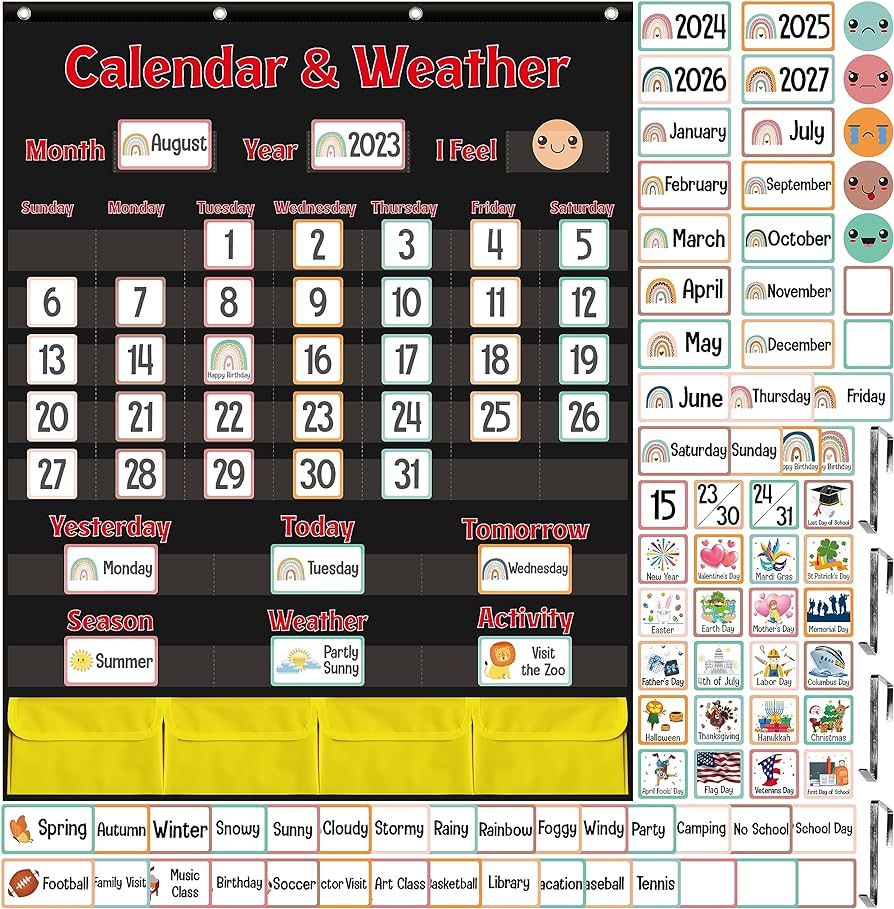 Calendar and Weather Pocket Chart with 223 Cards for Students Classroom Home School Supplies (Boh... | Amazon (US)