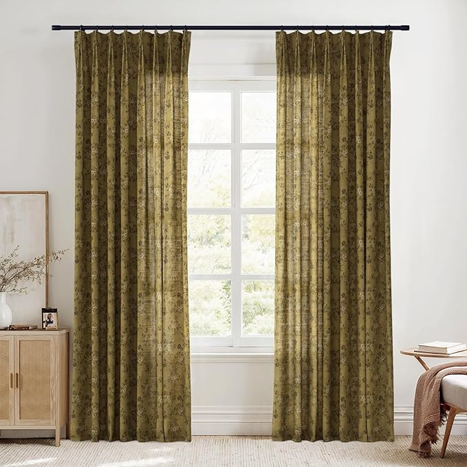 TWOPAGES Pinch Pleated Floral Curtain 96 Inch Long Light Filtering Privacy Drape Linen Textured P... | Amazon (US)