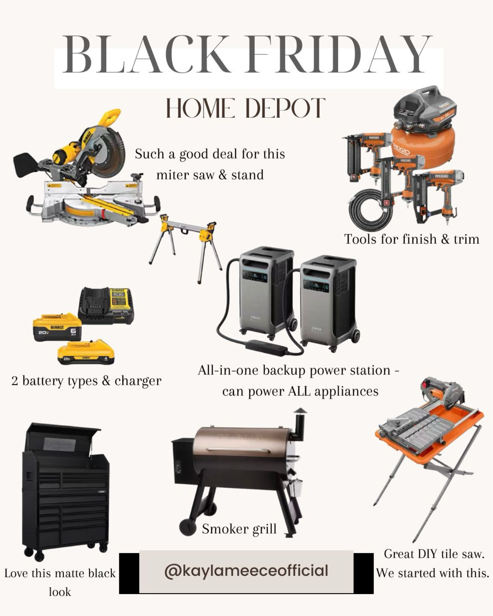 Black Friday Deals at Home Depot 

#homedepot #homedepotblackfriday #blackfriday2024 #giftsforhim #giftsforher #diygifts #diytools #toolstorage #smoker #smokergrill #tilesaw #carpentertools #mitersaw #dewalt #dewalttools #rigidtools #dewaltbattery #rvpowerstation #ankerpowerstation #appliancegenerator #homegenerator 

#LTKMens #LTKCyberWeek #LTKGiftGuide
