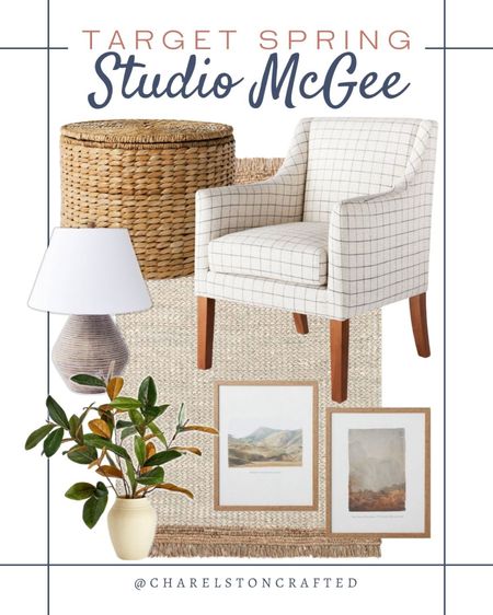 Target spring home decor by Studio McGee includes accent chair, woven storage basket, table lamp, jute area rug, faux magnolia plant, and neutral wall frames. Home decor, home design, neutral home decor, neutral home accents, living room decor, living room refresh 

#LTKSeasonal #LTKhome #LTKFind