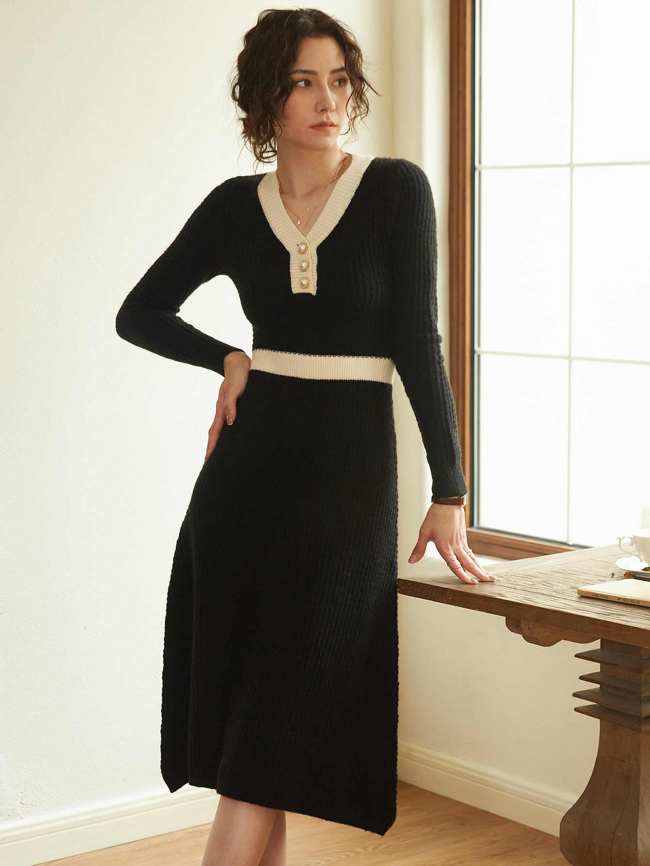 Knit Mix Contrast Trim Formal Sweater Dress | SHEIN