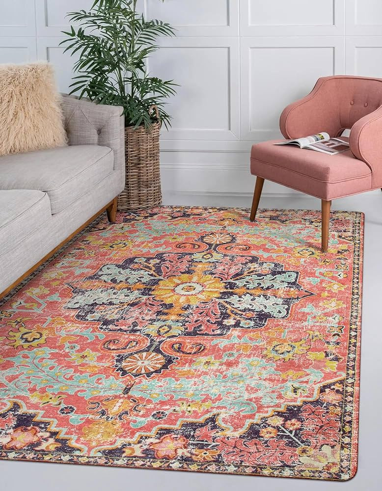 Lahome 5x7 Boho Living Room Rug Colorful Bedroom Rug, Large Bohemian Nursery Rug, Hot Pink Non-Sl... | Amazon (US)