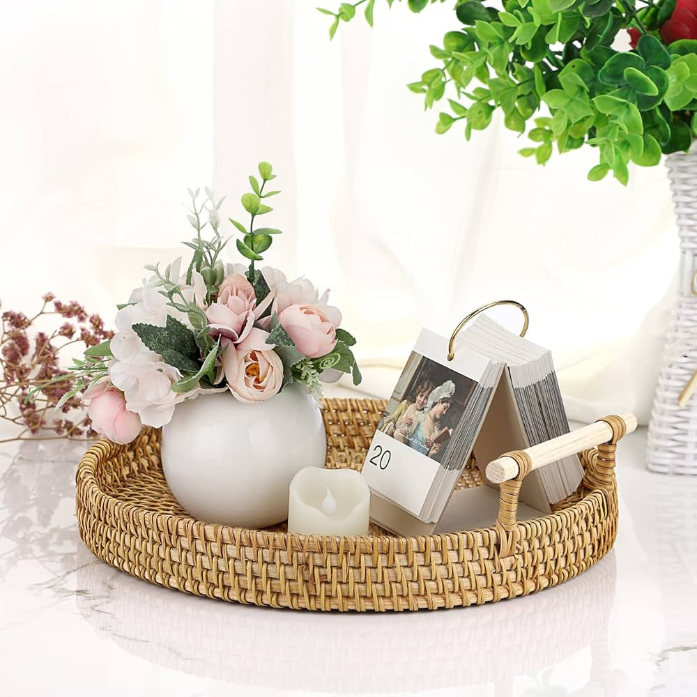 IGNPION Round Rattan Woven Serving Tray 24.5cm Decorative Display Tray Storage Platters with Hand... | Amazon (UK)