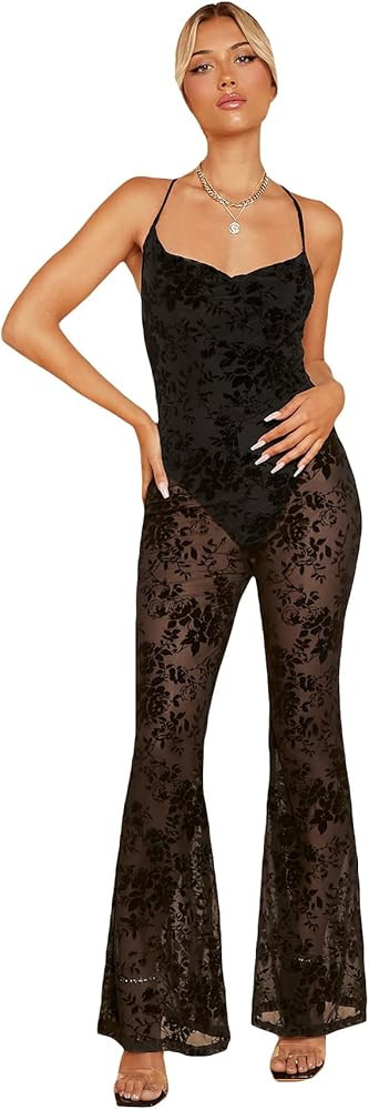 WDIRARA Women's Floral Print Draped Collar Sleeveless Jumpsuit Lace Up Backless Mesh Flare Leg Ca... | Amazon (US)