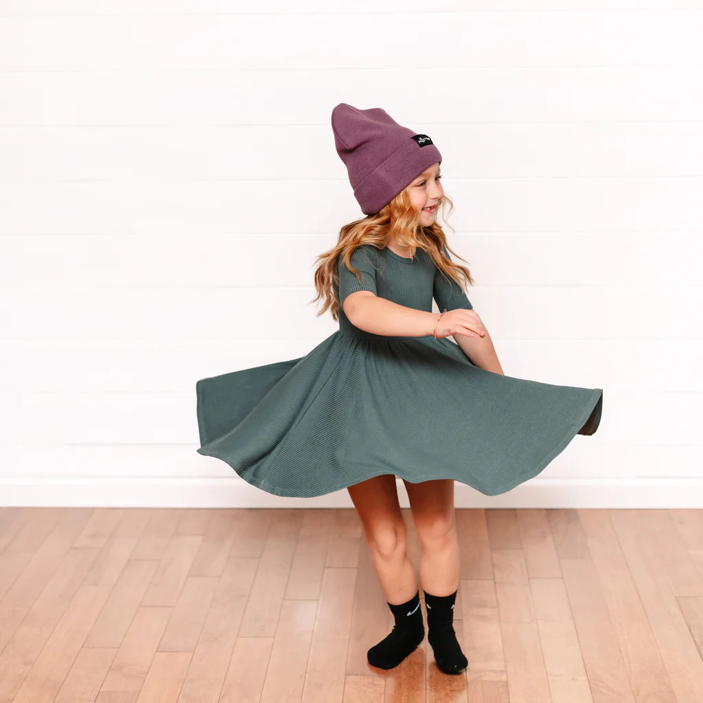 MID SLEEVE TWIRL DRESS- Slate Ribbed | millie + roo