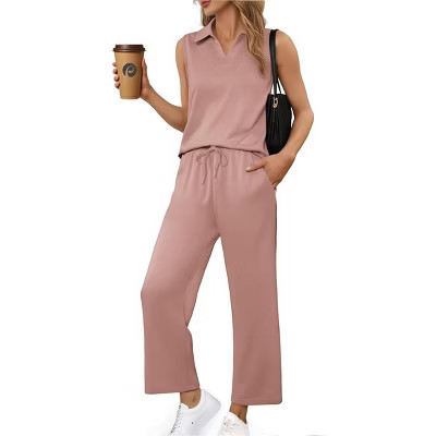 PINSPARK Two Piece Sets for Women Sleeveless Outfits Travel Tracksuit V Neck Top Wide Leg Pant Lounge Sets 2025 Summer Pink L | Target