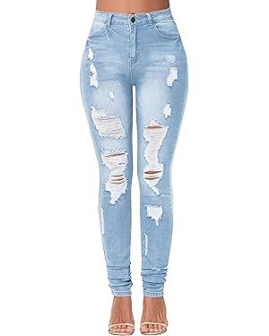 KDF Women's High Waisted Jeans for Women Distressed Ripped Jeans Slim Fit Butt Lifting Skinny Str... | Amazon (US)