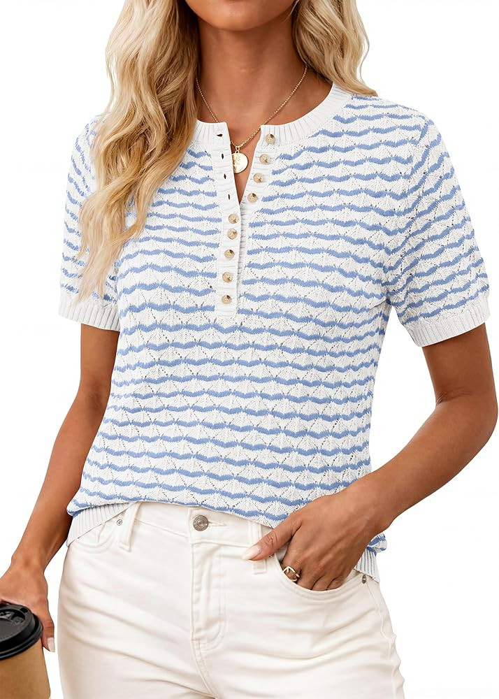 PRETTYGARDEN Womens Knit Summer Tops Button Short Sleeve Sweater Casual Crewneck Chevron Henley S... | Amazon (US)