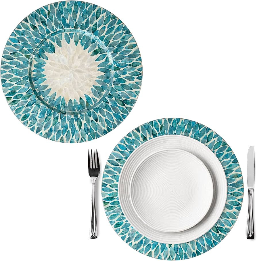 Set of 2 Pack Mother Of Pearl Inlay Nacre Wood Charger Plates for Dining, Party, Rustic Dinnerwar... | Amazon (US)