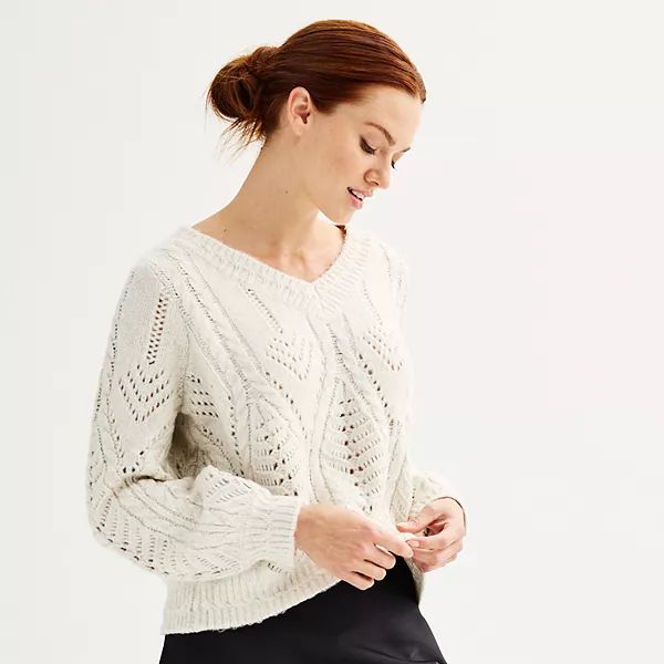 Women's Philosophy Balloon-Sleeve Cable-Knit Pointelle Sweater | Kohl's