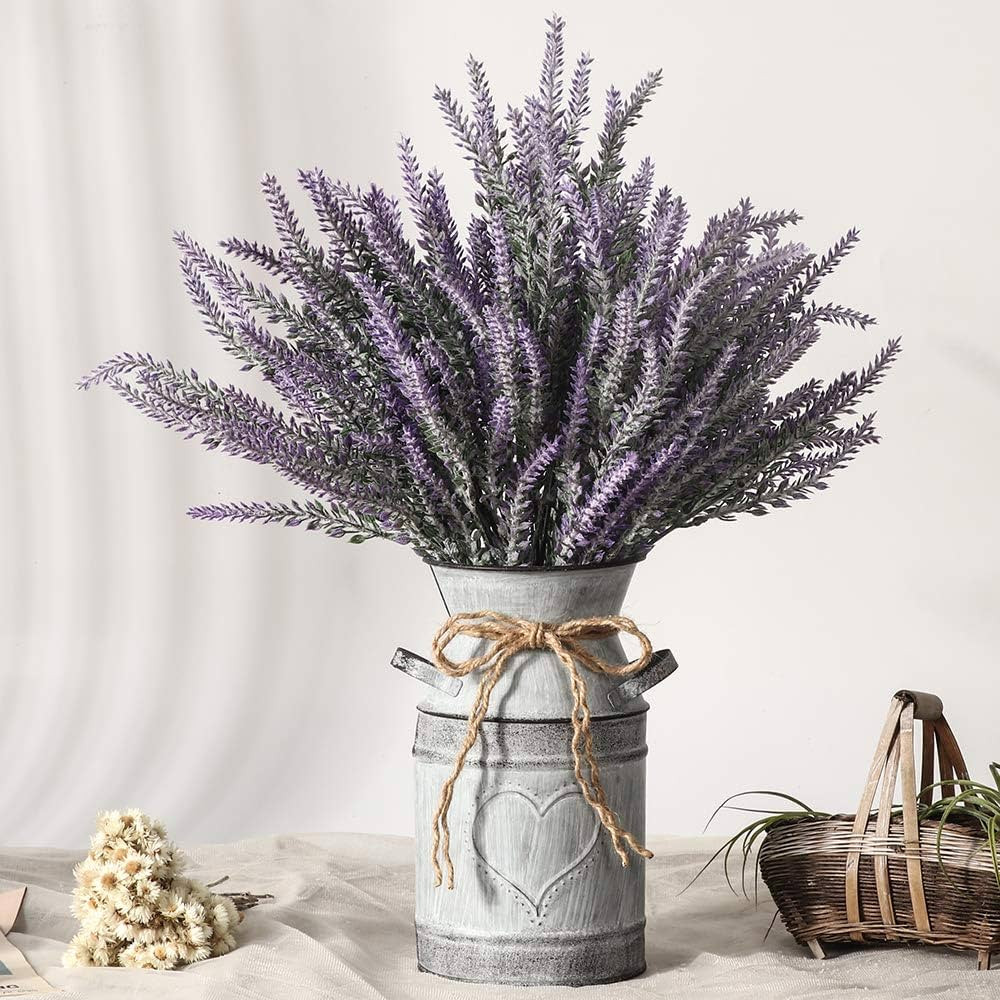 LESING Artificial Lavender Flowers with Vase Fake Lavender Plants in Decorative Metal Vase Rustic... | Amazon (US)