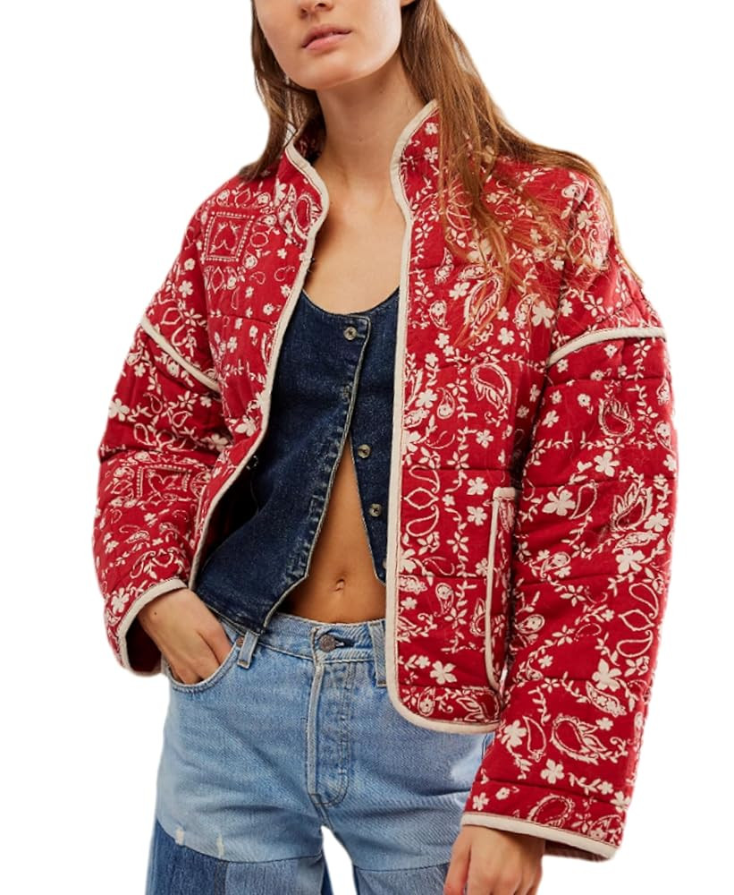 VAOYIU Women's Cropped Puffer Jacket Vintage Cardigan Floral Printed Lightweight Open Front Padde... | Amazon (US)