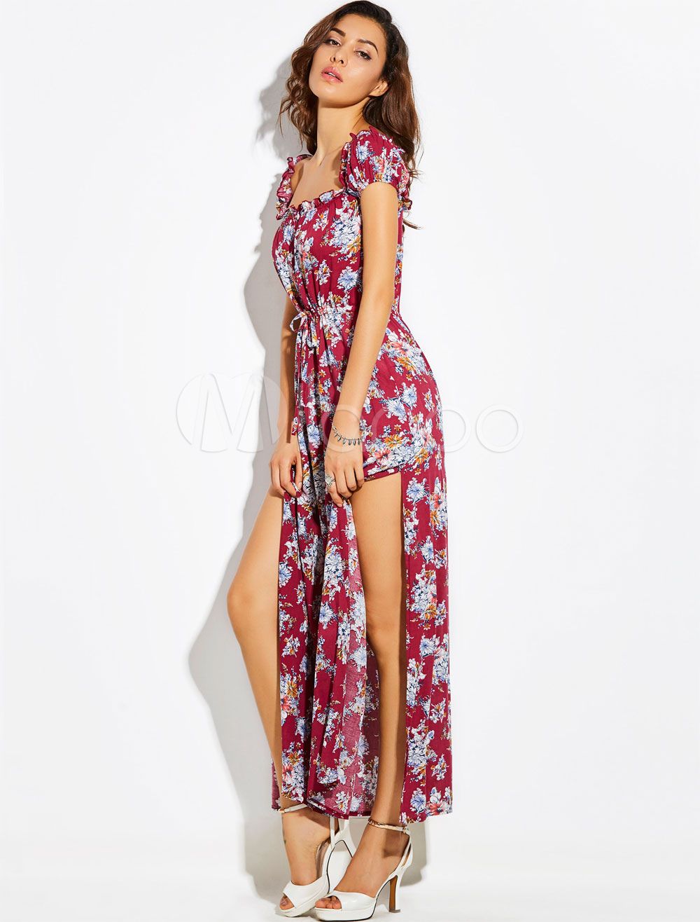 Women Floral Dress Boho Maxi Dress Square Neckline Short Sleeve Slit Burgundy Long Summer Dress | Milanoo