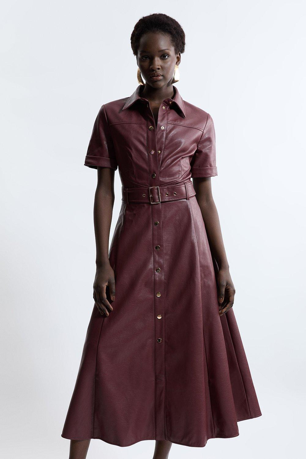 Faux Leather Belted Midi Shirt Dress | Karen Millen | Karen Millen UK + IE + DE + NL