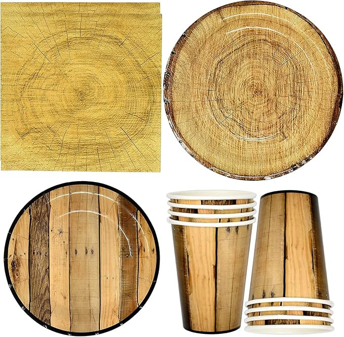 Rustic Wooden Tree Party Supplies Tableware Set 24 9" Paper Plates 24 7" Plate 24 9 Oz Cups 50 Lu... | Amazon (US)
