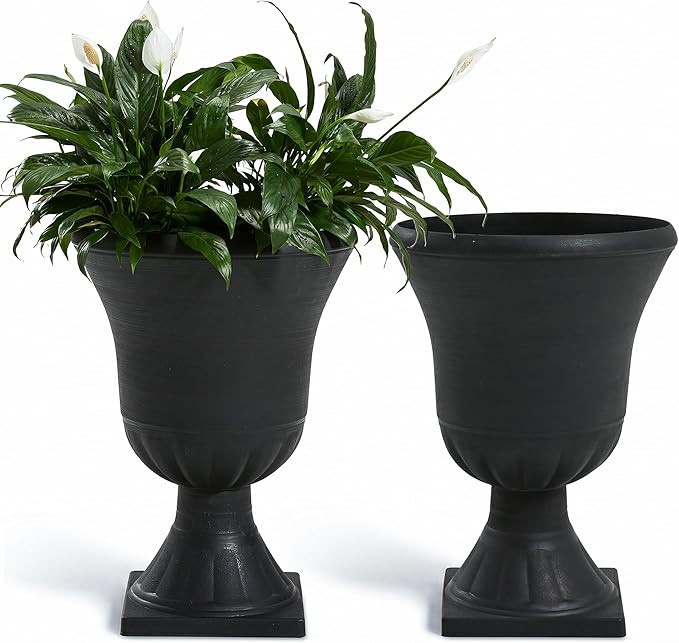 Amazon.com : Worth Garden 2-Pack Plastic Urn Planters for Outdoor Plants, 22'' Black Tall Round C... | Amazon (US)