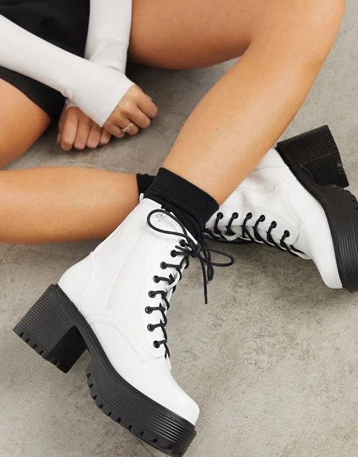 Koi Footwear vegan lace up chunky boots in white croc | ASOS (Global)