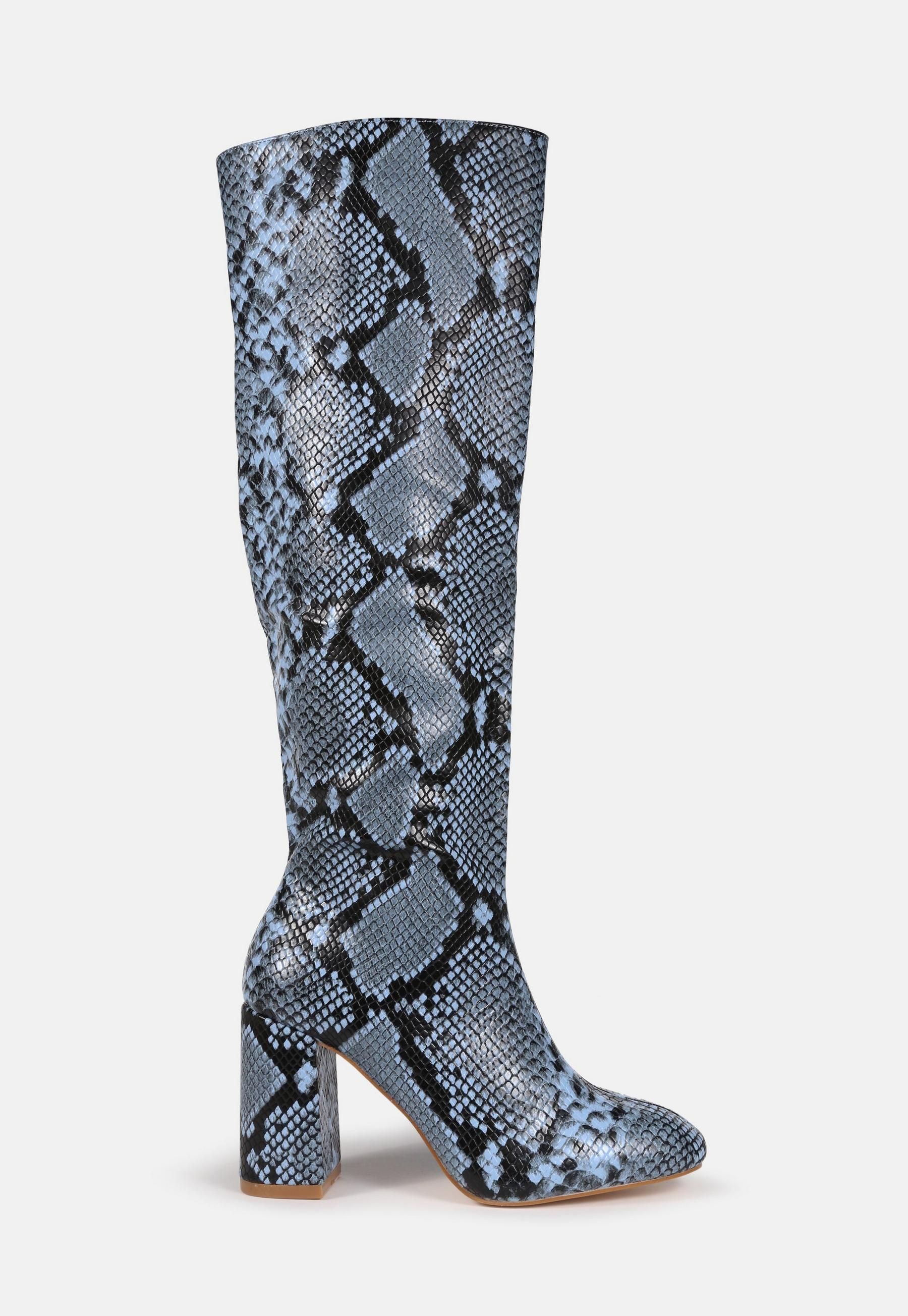 Missguided - Blue Snake Knee High Mid Heel Boots | Missguided (US & CA)