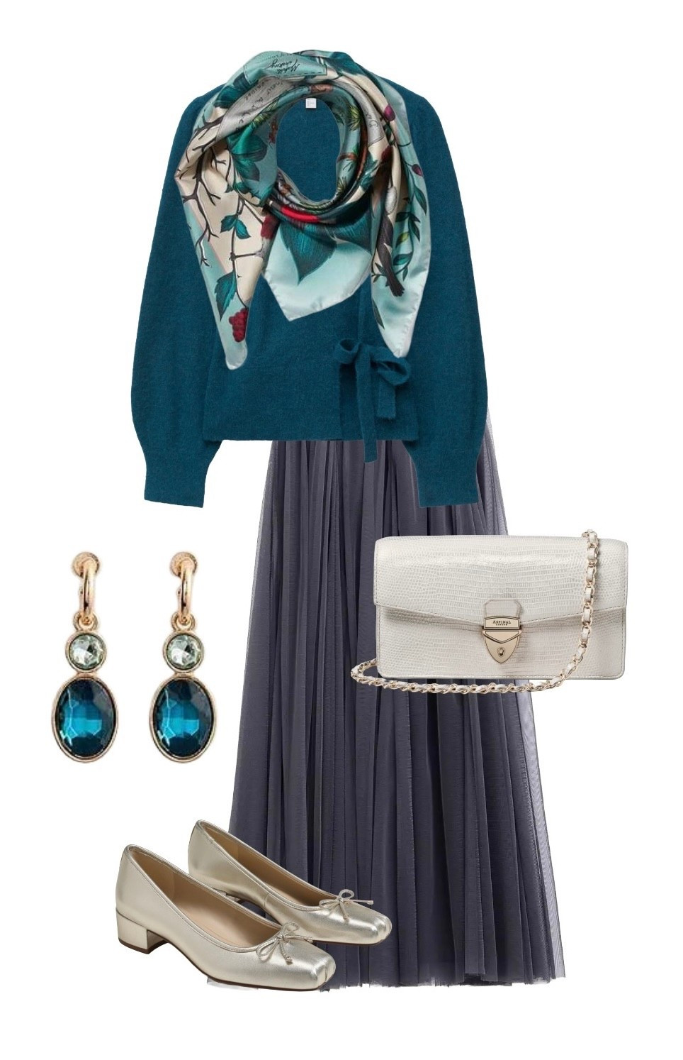 This Autumn Winter ballerina / Swan Lake inspired outfit features lots of luxurious textures, from the beautifully soft wrap cardigan by Other Stories, Robin silk satin scarf and Mayfair clutch bag in metallic white croc effect leather by Aspinal of London, a grey tulle maxi skirt by Hush, pretty crystal drop earrings by LK Bennett, square pointe toe low ballerinas by Sam Edelman. 

#LTKdatenight 

#LTKwinter #LTKautumn #LTKuk