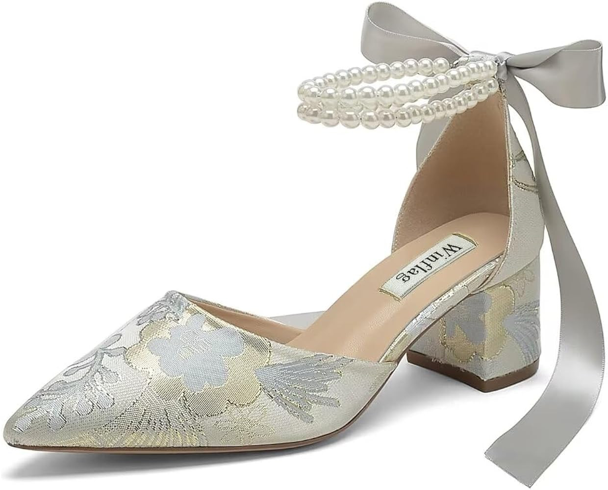 Amazon.com | Floral Satin Wedding Shoes for Bride Block Heel Pointed Toe Pearl Bridal Shoes Weddi... | Amazon (US)