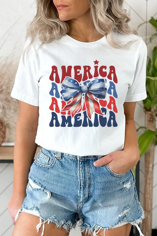 Patriotic America Bow Stack Graphic Tee Top | White / L | Casual Chic Boutique