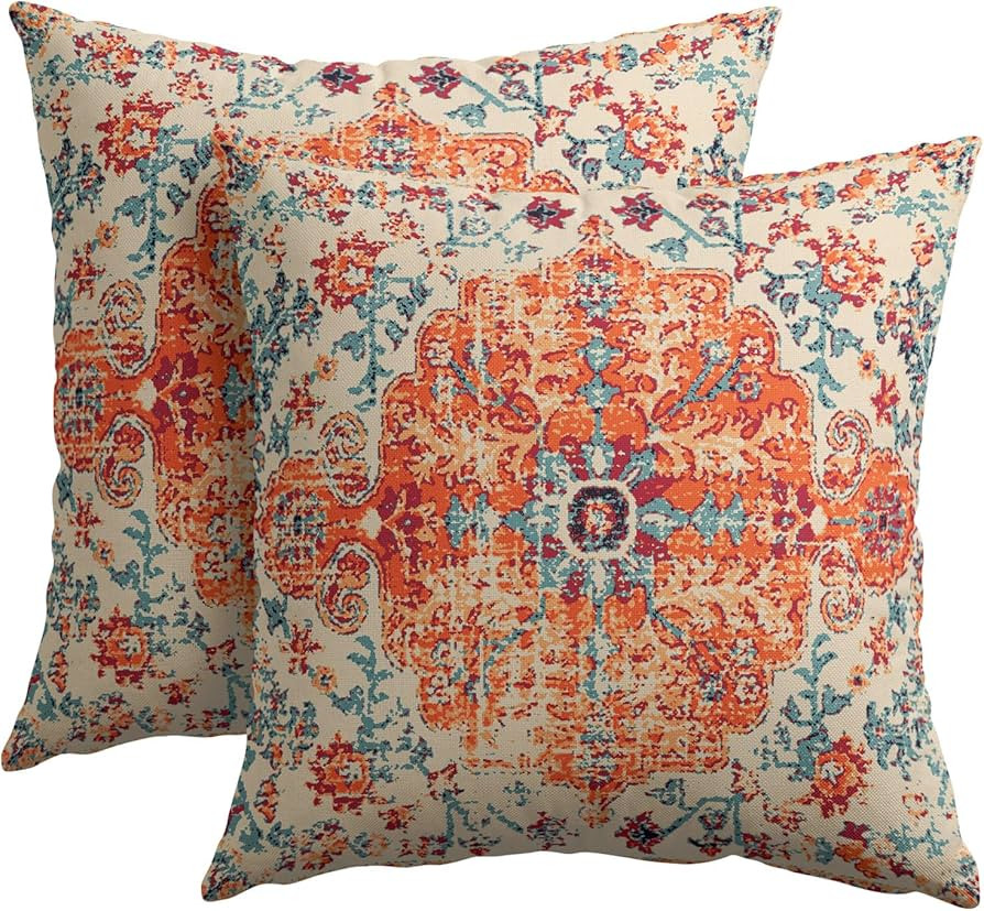 Boho Ethnic Pillow Covers 18x18 Inch Set of 2 Bohemian Rust Carpet Throw Pillows For Couch Burnt ... | Amazon (US)