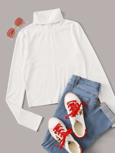 SHEIN Turtle Neck Rib-knit Tee | SHEIN