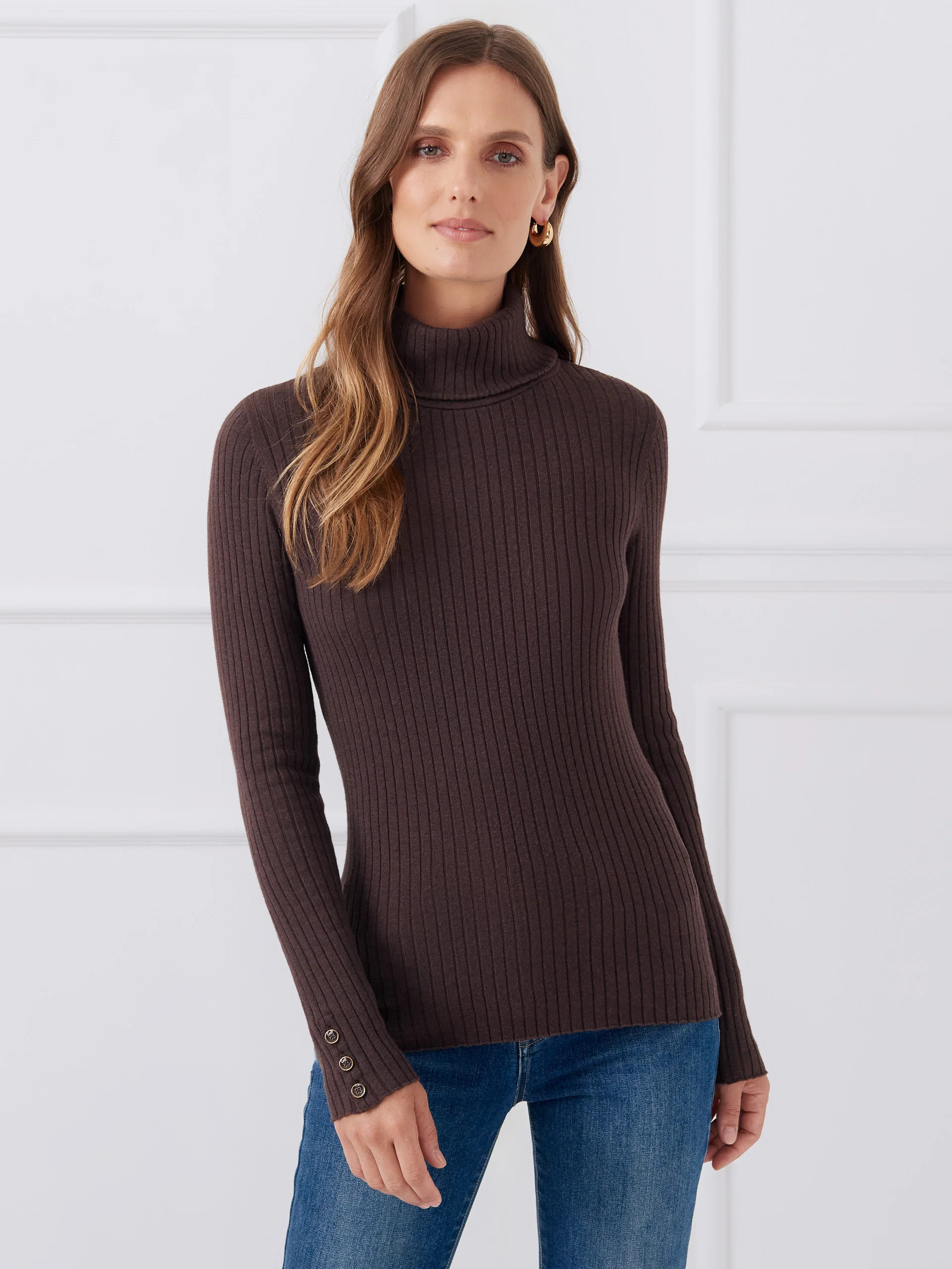 J.McLaughlin Women's Arlette Turtleneck Top Brown, Size Medium | Cotton/Spandex | J.McLaughlin