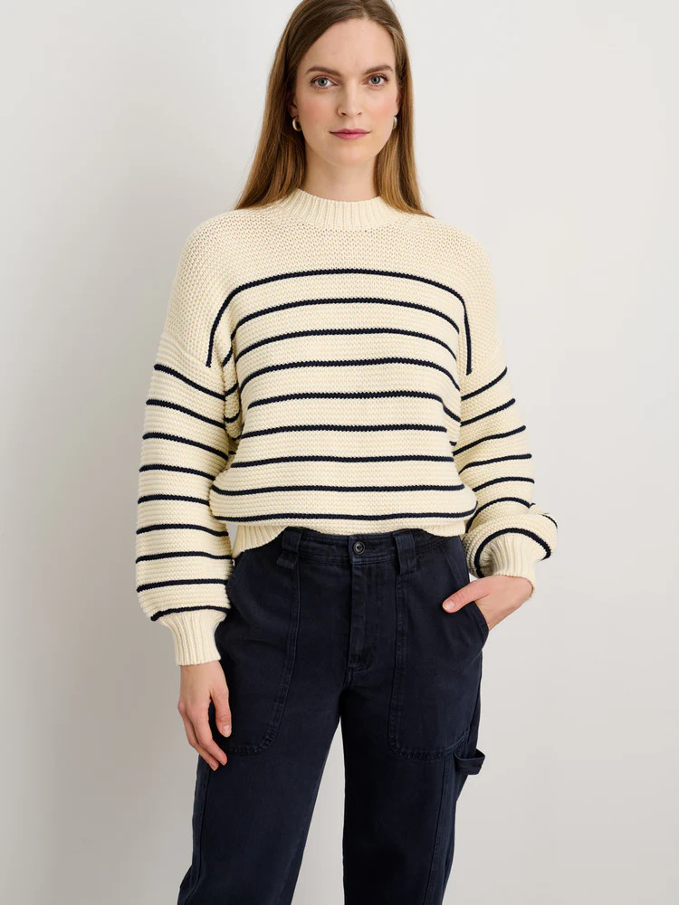 Button-Back Crewneck Sweater in Stripe | Alex Mill