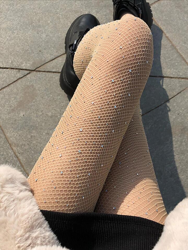 1 Pair White Fishnet Stockings For Women With Diamond And Letter Decoration | SHEIN