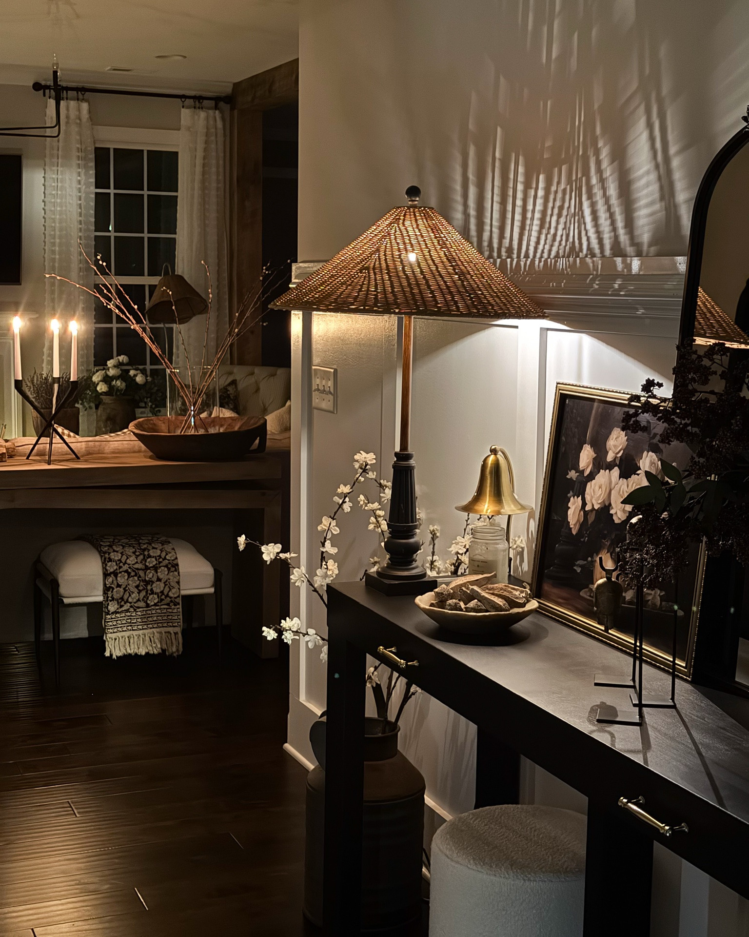 Nighttime views of my layered home♥️

Nothing says cozy like layers
Console table, ottomans, floral throw blanket, black candelabra, vintage wood bowl, matches, glass cylinder, candle pedestal, pussy Willow, round coffee table, vintage wood mortar, lavender, floor lamp with woven shade, woven storage boxes, woven vase, greenery, vintage inspired area rug, counter stools, tiny vintage urn, Turkish towel, island pendants, mini rechargeable rattan lamp, coffee mugs, eucalyptus wreath

#LTKstorytime #LTKSeasonal #LTKHome