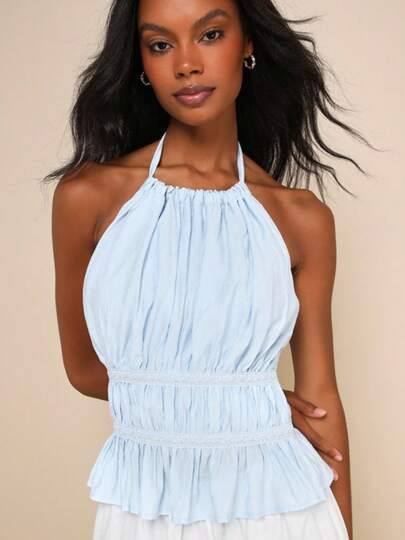 Women Y2K Halter Tank Top Summer Backless Tie Back Ruched Crop Camisole Shirt Basic Going Out Top... | SHEIN