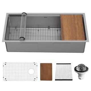 39 in. Undermount Single Bowl 16-Gauge Stainless Steel Workstation Kitchen Sink | The Home Depot