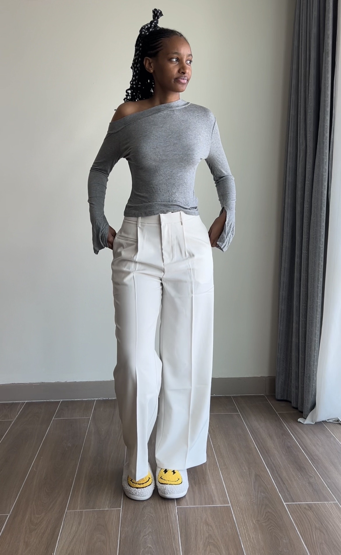 COSMINA gray asymmetric top (S)
ANEWSTA straight leg suit pants (M)