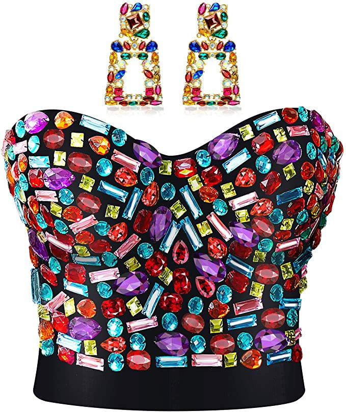 Rhinestone Push up Bra Clubwear Colorful Beaded Bustier Crop Top Bra Crystal Rectangle Dangle Ear... | Amazon (US)