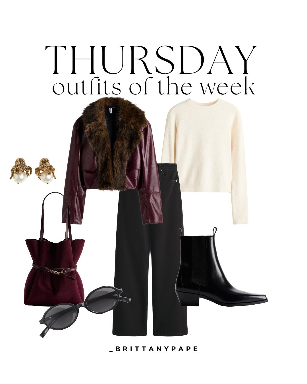 Outfit of the week-Thursday 
Womens winter outfits for casual everyday wear, datenight, errands and lounging around the house   


H&amp;M, beige sweater, women’s sweater, black pants, black jeans, women’s pants, black boots, leather boots, ankle boots, burgundy purse, sunglasses, glasses, Christmas outfit, workwear outfit, business casual outfit, date night outfit, holiday outfit, holiday party, family photos, gold earrings, burgundy jacket, leather jacket 


#LTKootd #LTKFindsUnder50 #LTKWorkwear