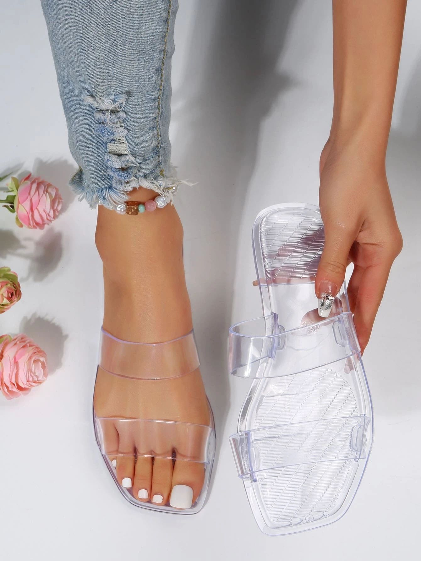 Women Double Clear Strap Open Toe Slides Fashion Outdoor Slides | SHEIN