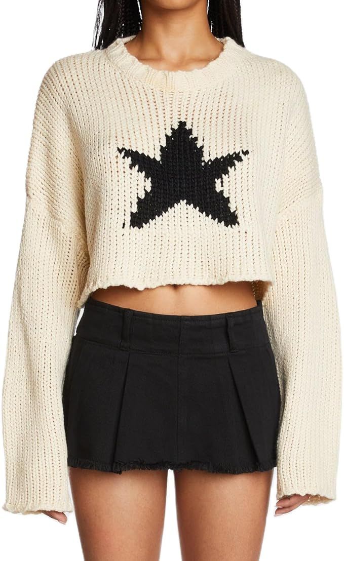 Women Vintage Long Sleeve Knit Crop Top Y2k Star Print Bodycon Sweater Fairy Grunge Crew Neck T S... | Amazon (US)